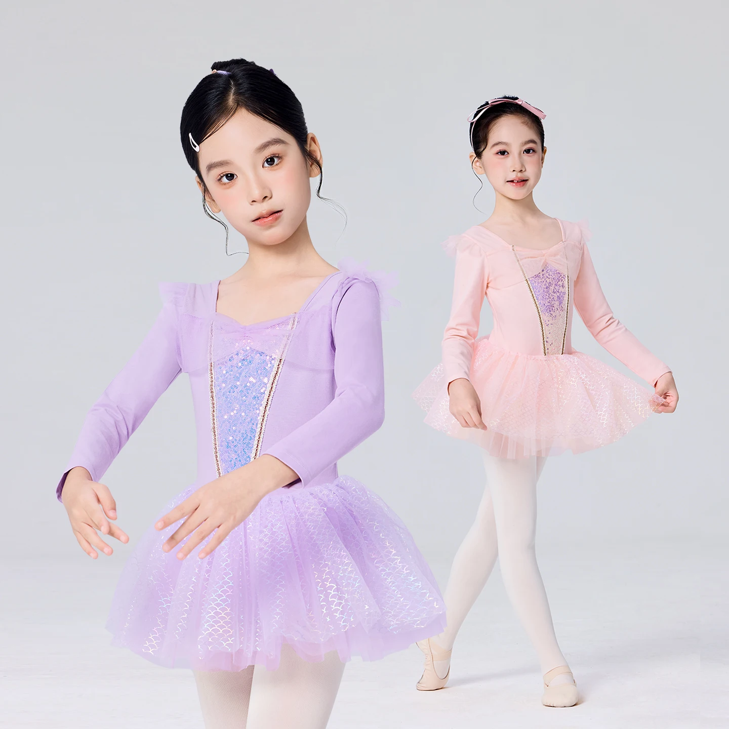 

Детская балетная танцевальная пачка для девочек, танцевальный купальник с блестками, боди для танцев из рыбьей чешуи, гимнастический купальник с длинными рукавами и юбкой-пачкой