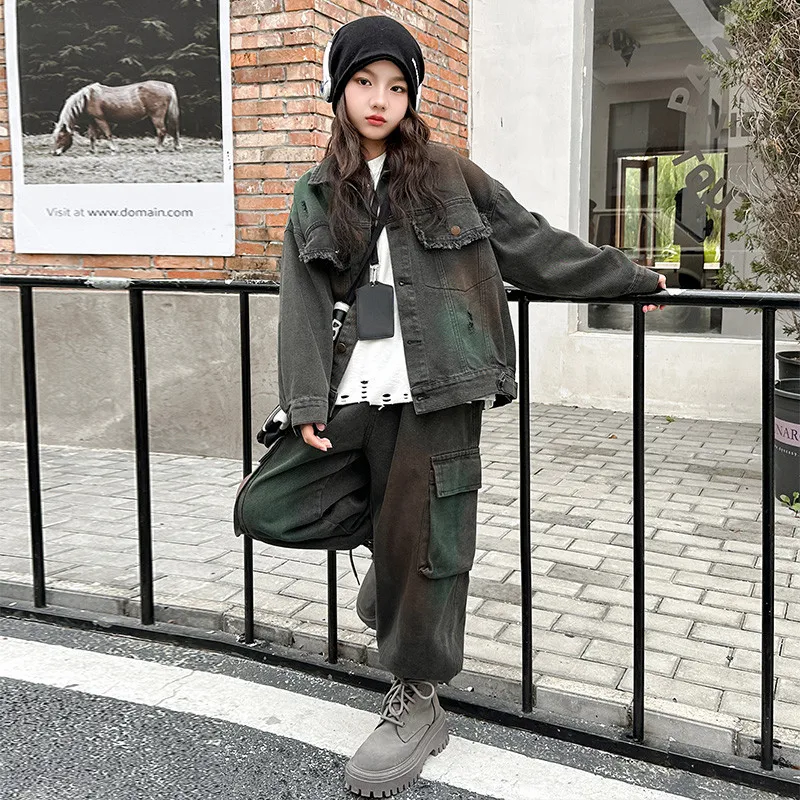Girls Denim Suit Autumn Cool Jacket and Cargo Pants Streetwear Children Clothes 2026