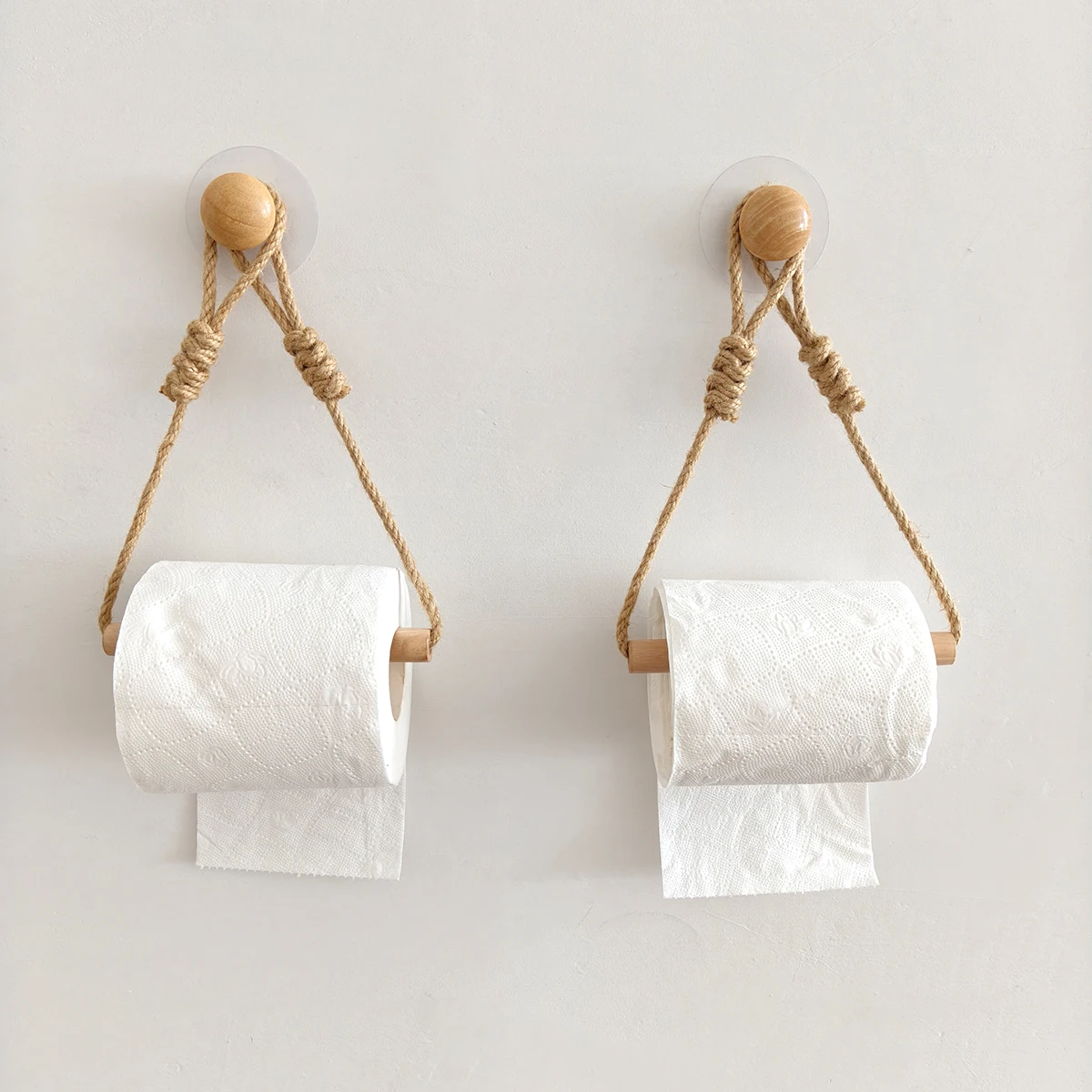 1 PC Rustic Hemp Rope Toilet Paper Holder - Self-Adhesive Wall Mount Bathroom Tissue Storage with Wooden Knob, Natural Braided