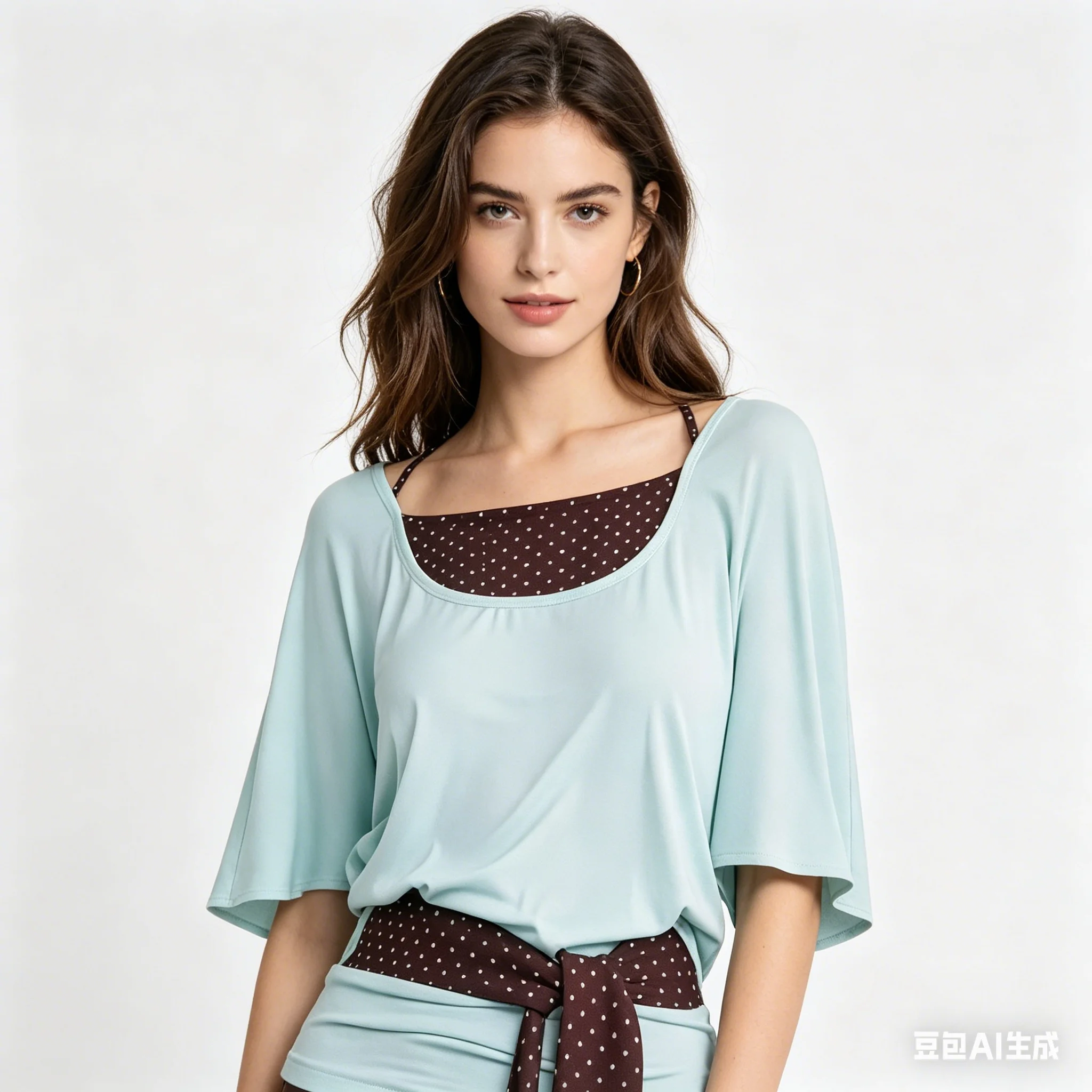 Y2K Polka Dot Layered T-Shirt | Mint Green 3/4 Sleeve Top with Brown Dot Camisole & Sash Sweet Women American Casual Streetwear