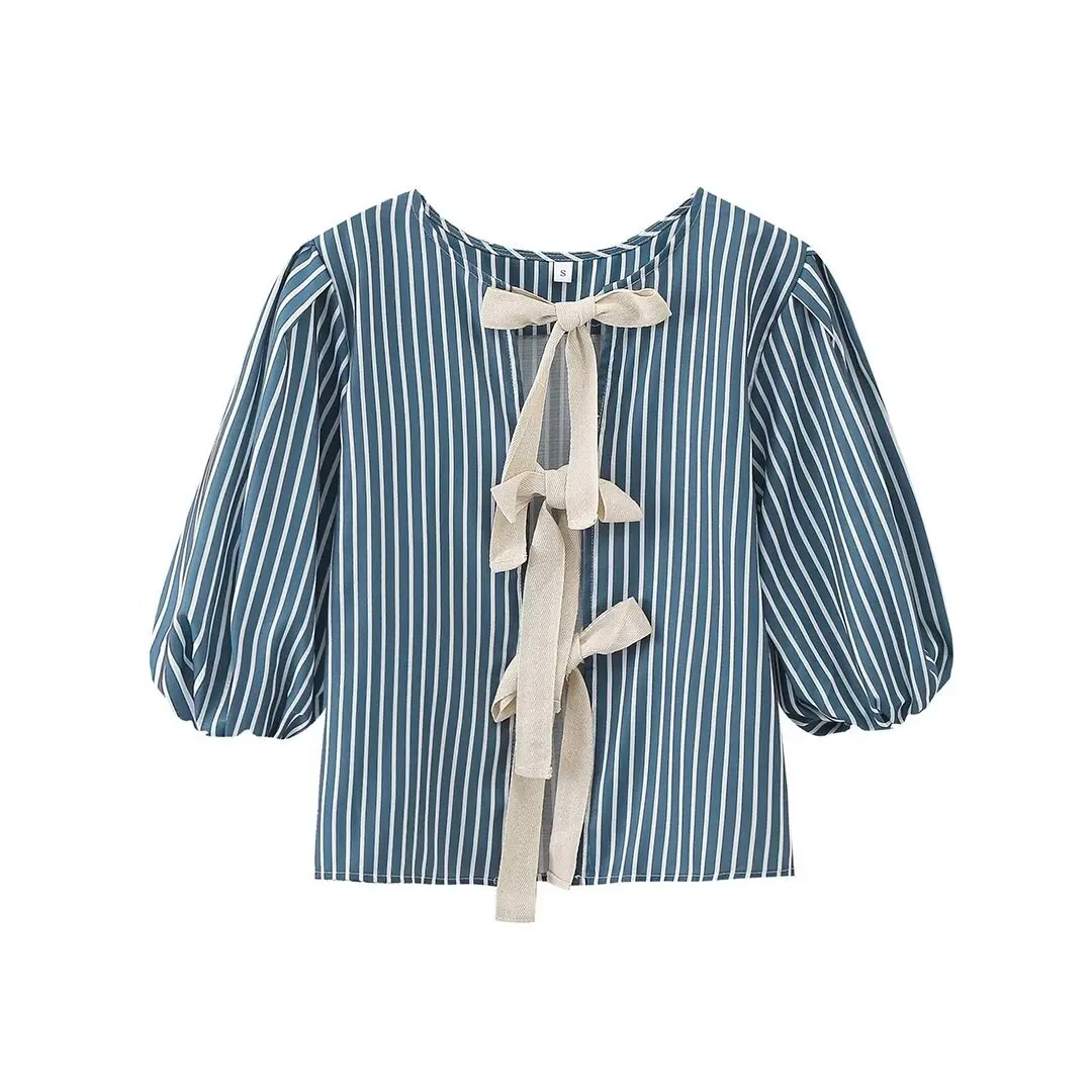 Spring and Summer Women's Casual Vocational Commuter Vertical Stripe Pattern Bow Decorative Lace-Up T-Shirt