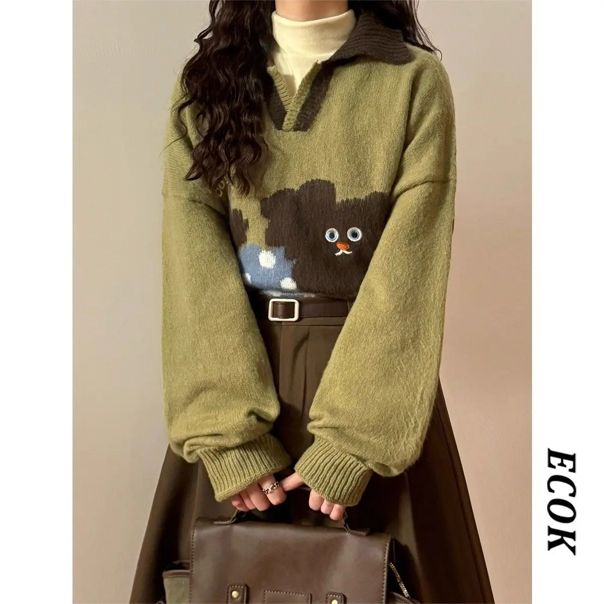 

Зимний свободный повседневный вязаный свитер в американском стиле ретро, женский модный пуловер с воротником с цветочной вышивкой, толстовка