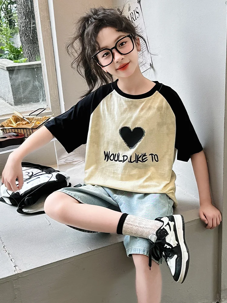 الفتيات الصيف Faion ort Sve تي شيرت الجينز orts مجموعة نظيفة Dir Sle 2025 جديد وصول المدرسة المتوسطة الفتيات الملابس #3