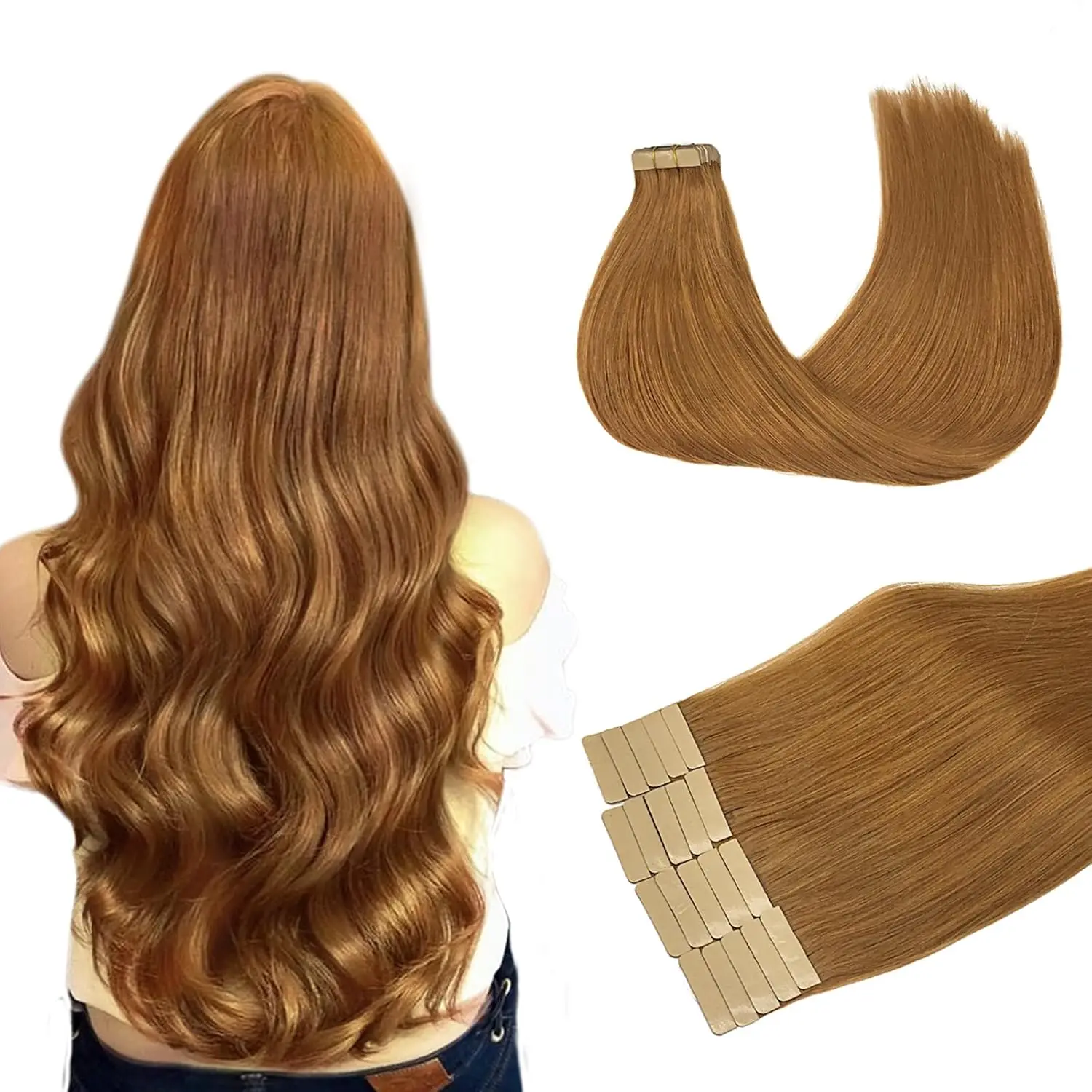 Alimice Honey Color #27 Tape In Hair Extension Human Hair Extensions For Women 20 Pcs/Package