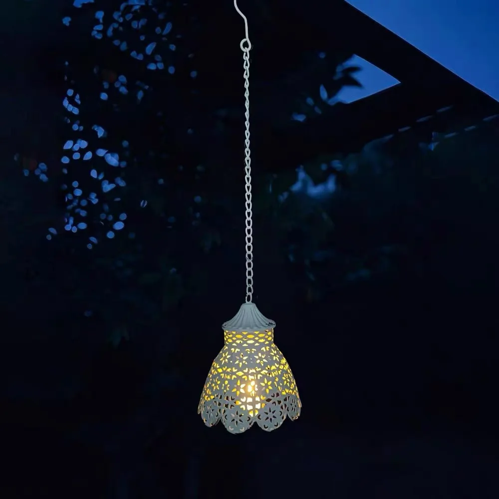 Vintage White Metal Pendant Light Shade, Floral Cutout Pattern, Distressed Finish, Hanging Lamp Cover with Candle Holder