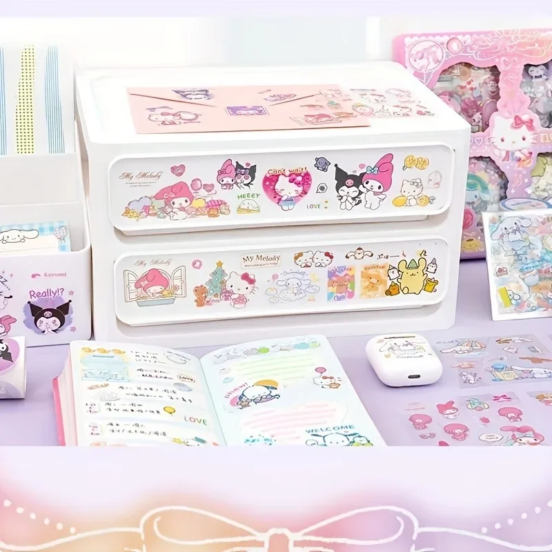 Hello Kitty Sanrio Non-Repeating 100-Piece Sticker Set Cinnamoroll Kuromi Waterproof Stationery Sticker Gift Box Birthday Gift