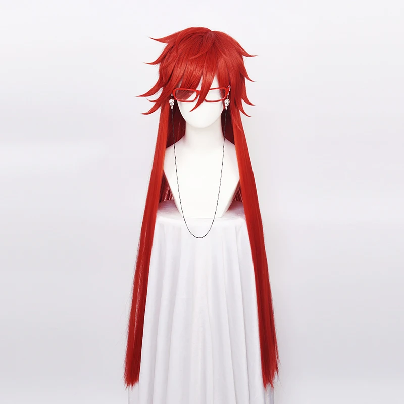 Kuroshitsuji Black Butler Grell Sutcliff Red Long Straight Heat Resistant Synthetic Hair Cosplay Wig With Skull Chain Glasses