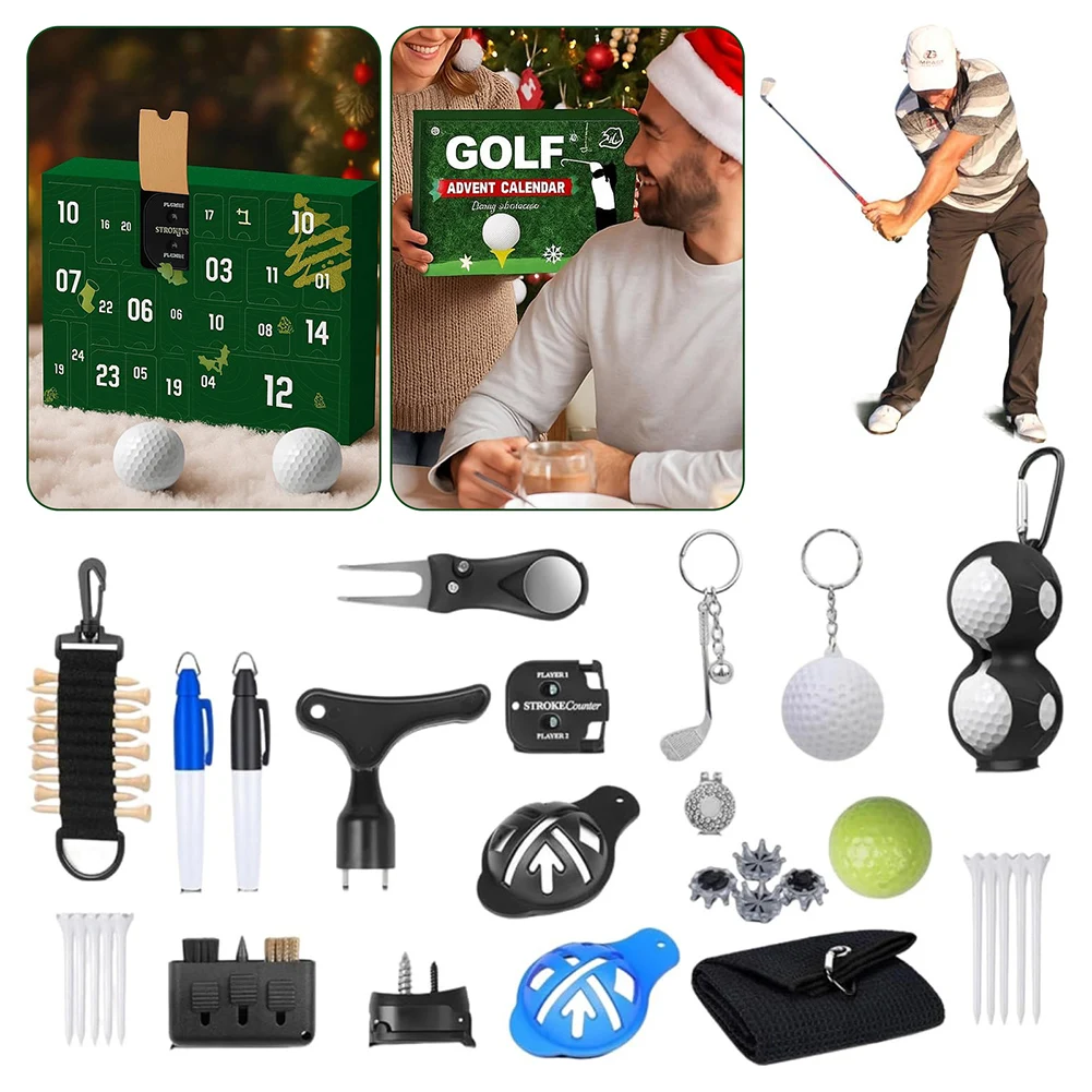 

Календарь Advents для гольфа, 2025 год, 24-дневный рождественский календарь обратного отсчета с шариками для гольфа, футболки, маркеры для мячей, рождественский подарок для папы