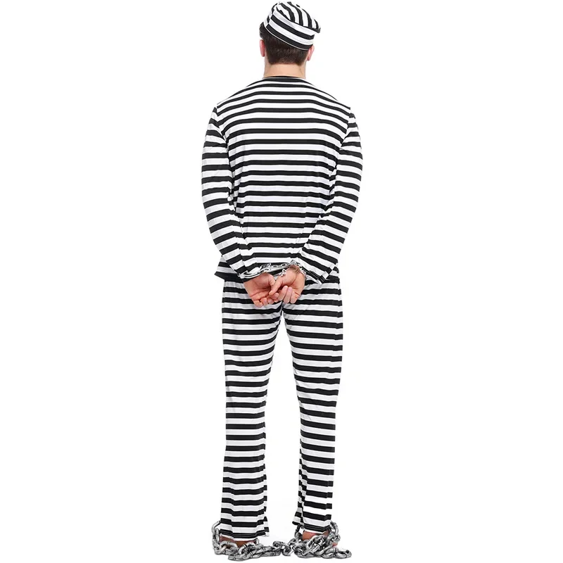 Disfraz de prisionero de Jailbird a rayas blancas y negras para adultos, fiesta de disfraces de Halloween, vestido elegante para hombres