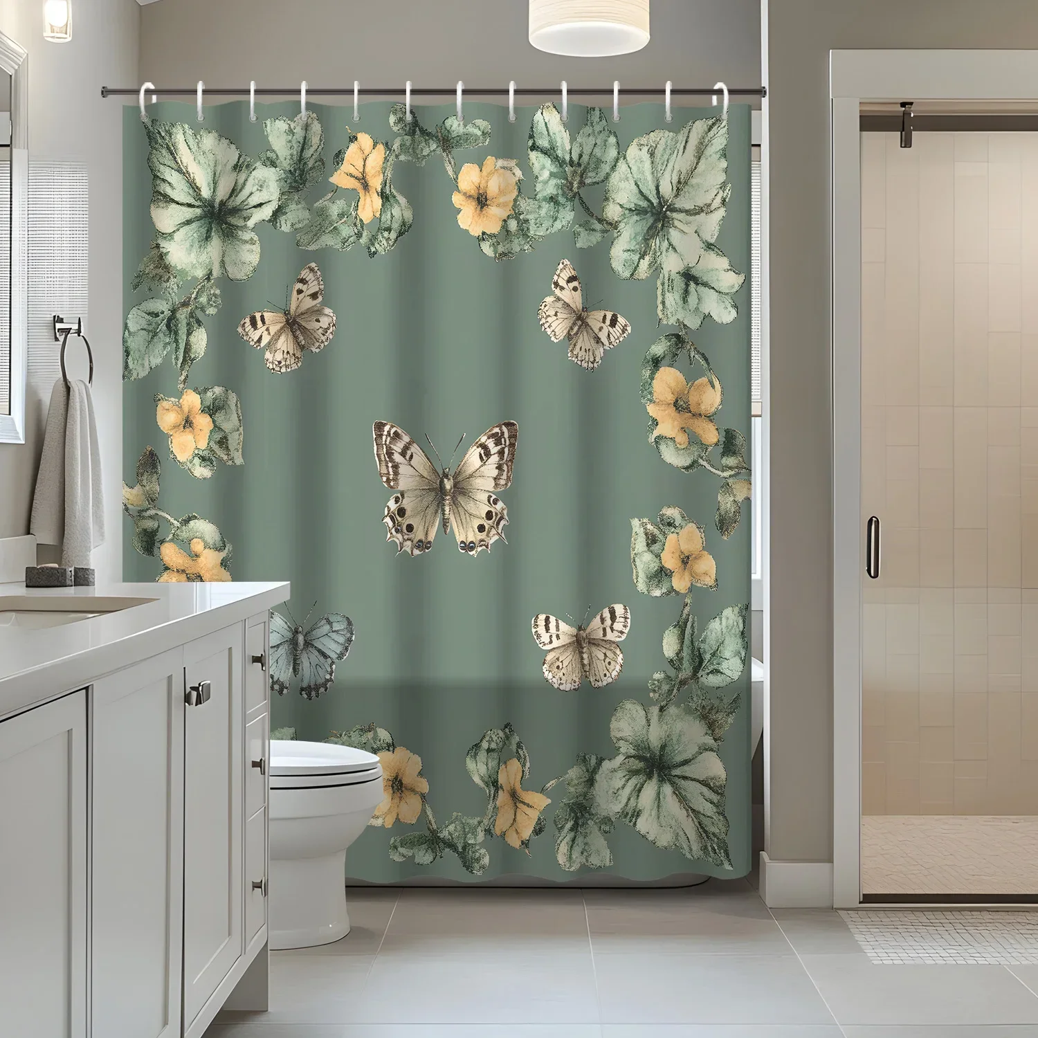 1pc Bohemian Vintage Tropical Leaf & Butterfly Shower Curtain - Durable Polyester Fabric, Machine Washable with Hooks Included,V