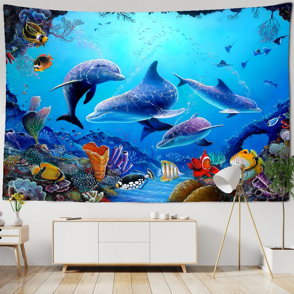 

3D Digital Printing Tapestry Psychedelic Ocean World Sea Fish Dolphin Tapestry Wall Hanging Marine Animal Home Decoration