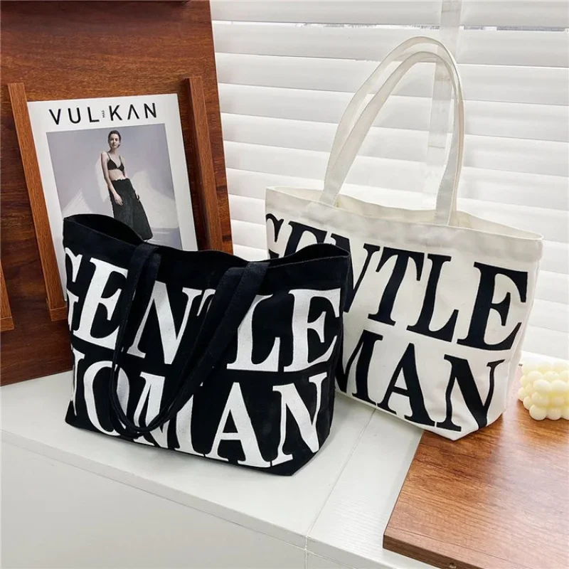 Women\'s Large Capacity Shoulder Bags Shopping Bags Stylish Personality Letter Travel Canvas Handbags Gentlewoman Tote Bags