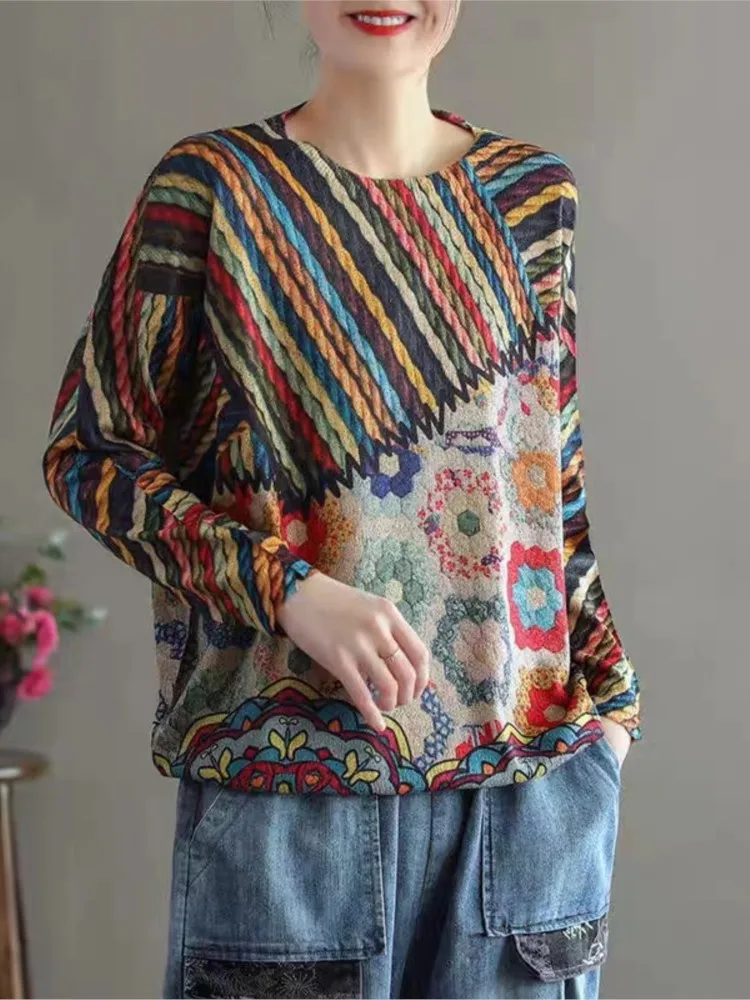 Oversized Autumn Winter Loose Sweater Women Butterfly Flower Print Ethnic Style Ladies Sweaters Fashion Woman Sweater Tops 2023