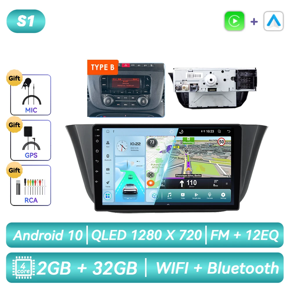Autoradio met Android-functionaliteit, GPS-navigatie, CarPlay en touchscreen voor Iveco Daily 2013 2014 2015 2016 2017 2018 2019 2020 2021.
