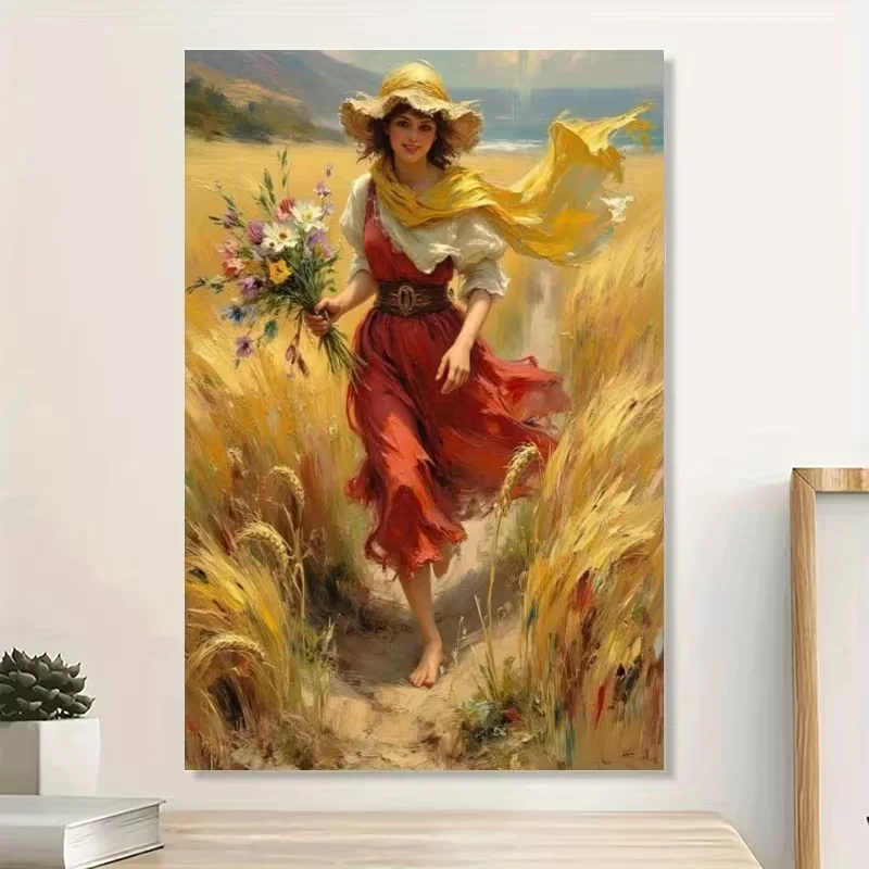 2D Flat, 2D Flat, 1pc Woman Running in The Field Poster Canvas Wall Art for Home Decor, Realistic Style Poster Wall Decor High Q