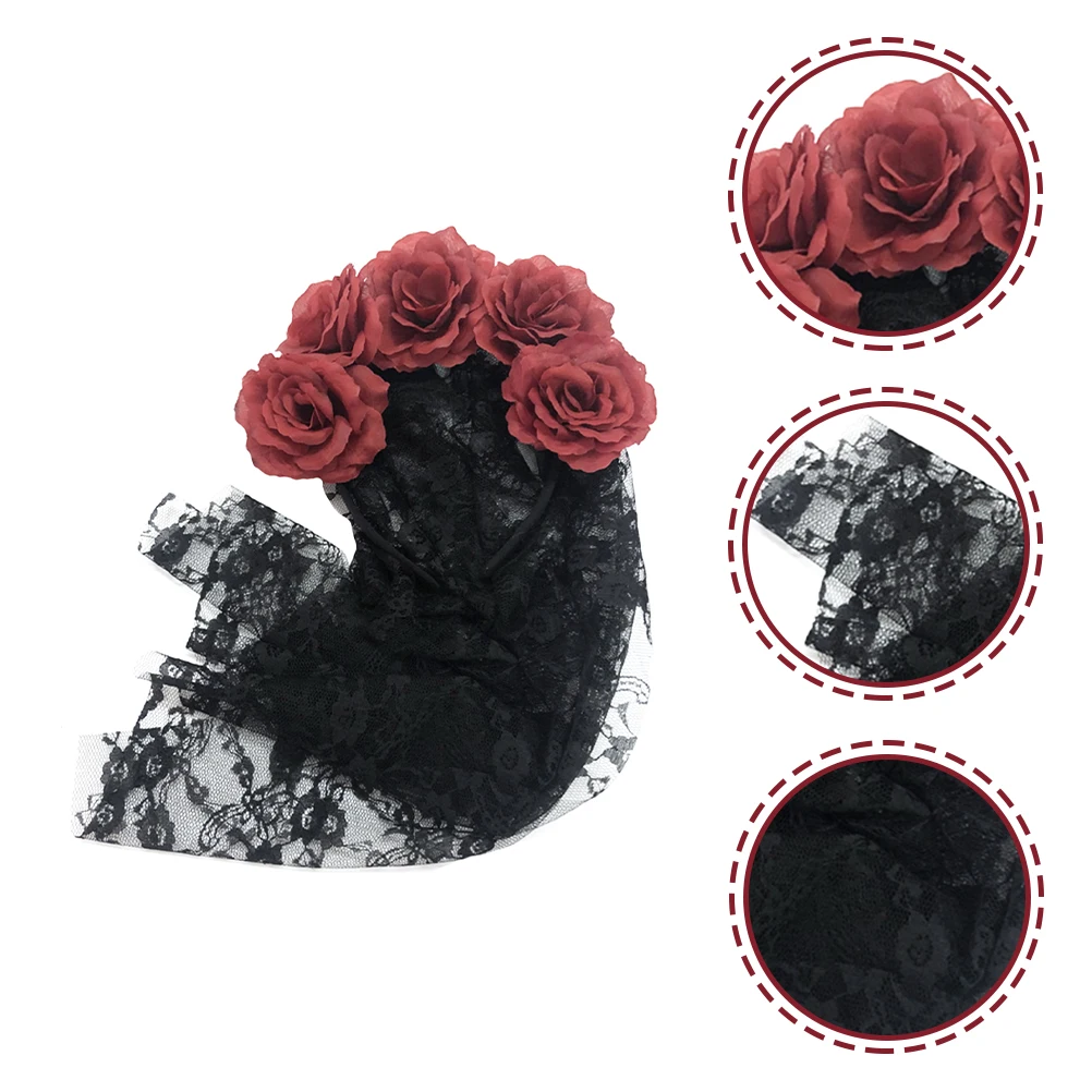 Fascia per capelli con velo in pizzo nero e rose rosse, accessorio romantico per Halloween e cosplay, corona floreale per feste e cosplay