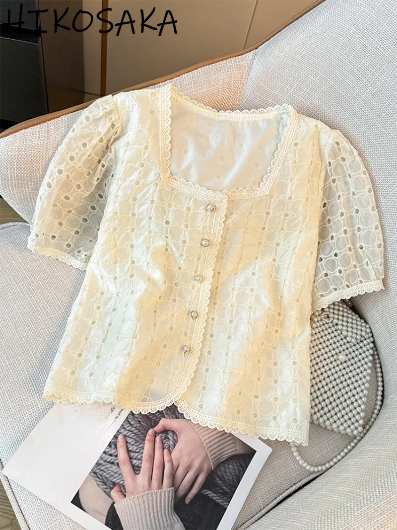 French Style Square Collar Embroidered Hollow Out Lace Trim Blouses Solid Sweet Single Breasted Shirts Temperament Chiffon Top