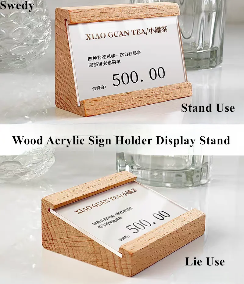 70x40mm Small Table Number Name Card Holder Acrylic Menu Holder Sign Holder Display Stand Wood Price Label Paper Tags