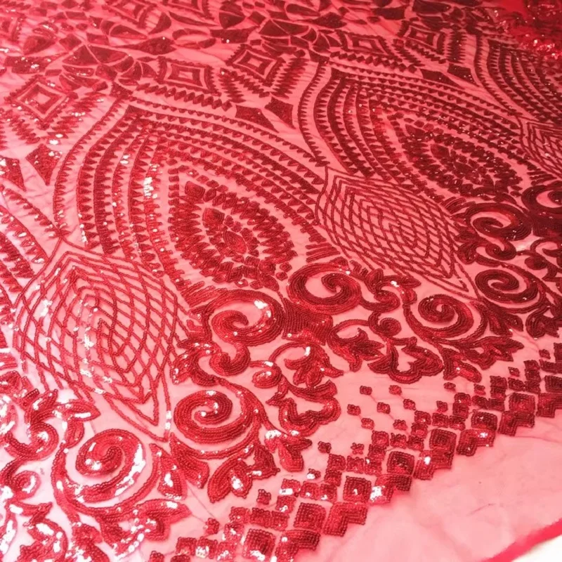 

European Style Red Sequin Embroidered Fabric, Performance Dress Sequin Fabric
