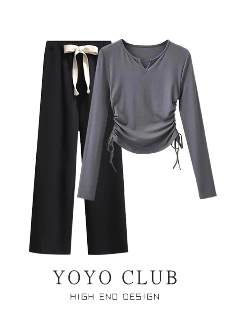 

Spring Large Size Dstring High Waist Straight Leg Wide Leg Pants Women's Long Sve T-irt Set Two-Piece Ensemble