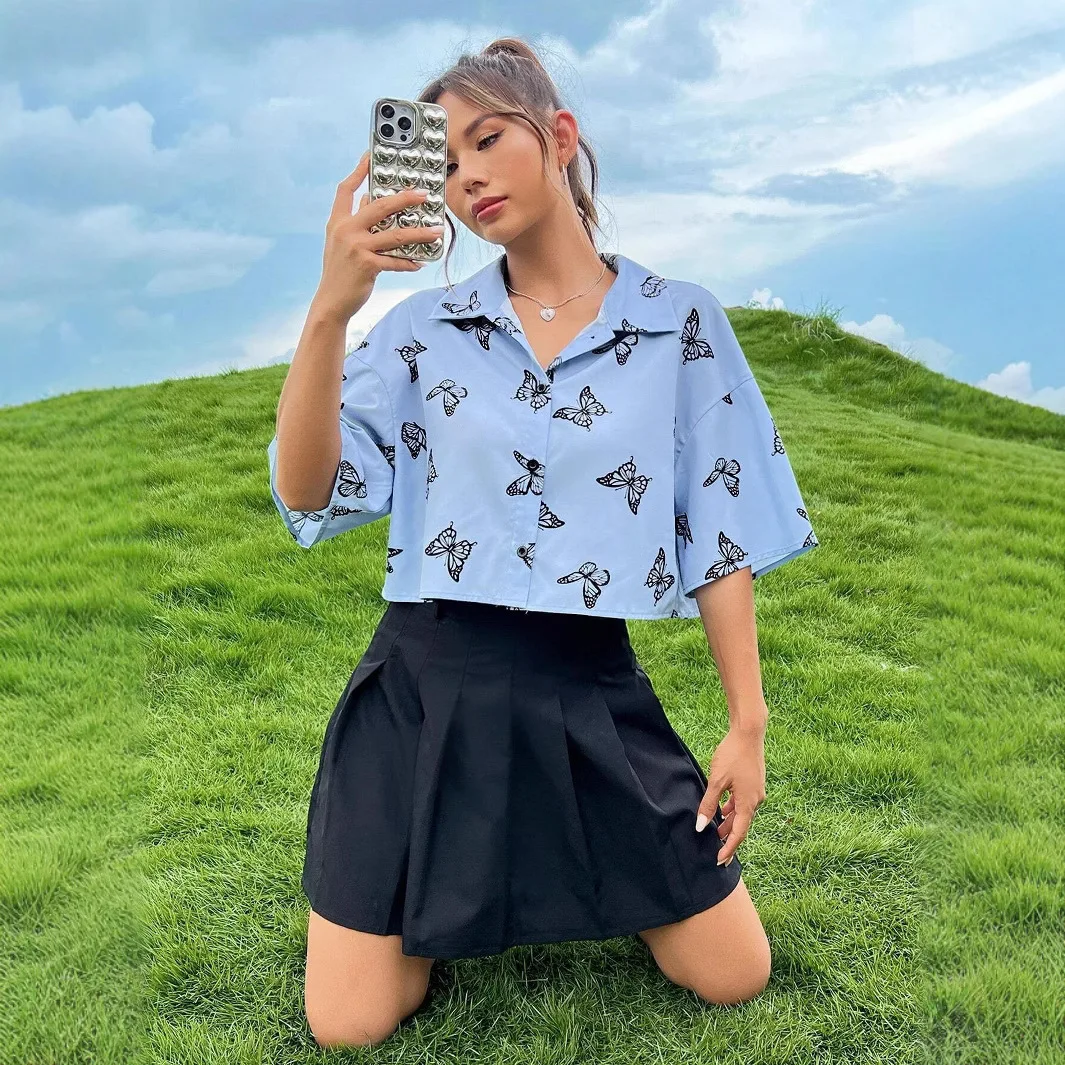 

Summer Fashion TEMU Printed Short Sleeve Unique Butterfly Print Shirt Women's Clothing