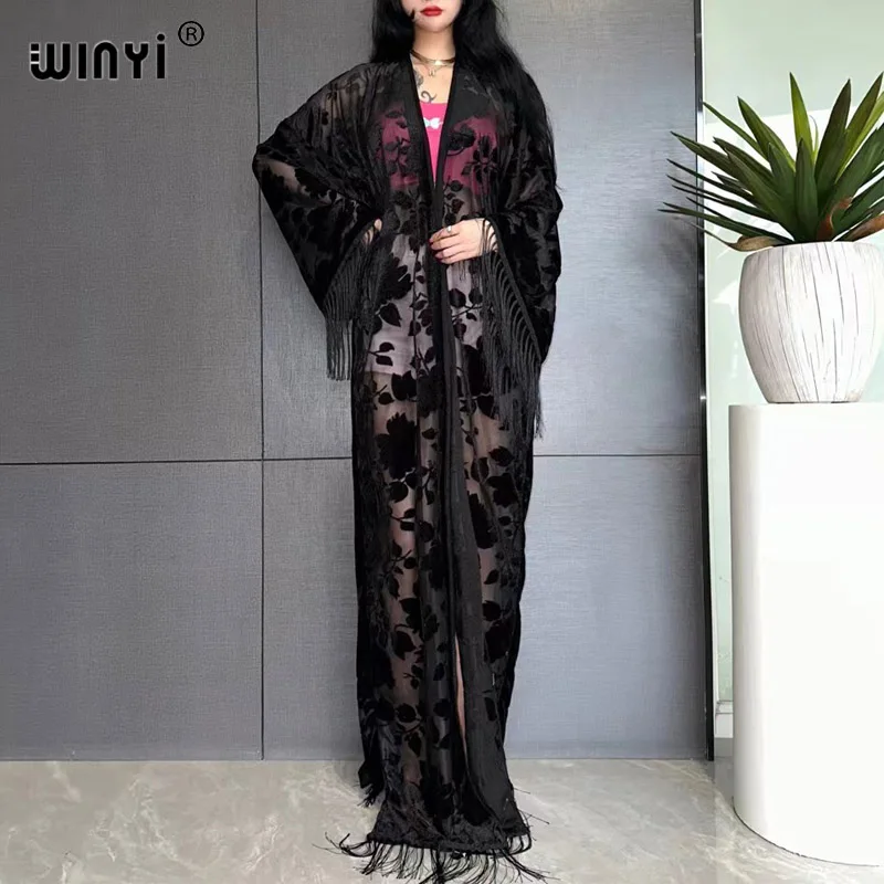 WINYI Middle East Coat Muslim Fashion Kaftan kimono maxi Robes Streetwear Open Abaya Perspective elegant dress beach cover up