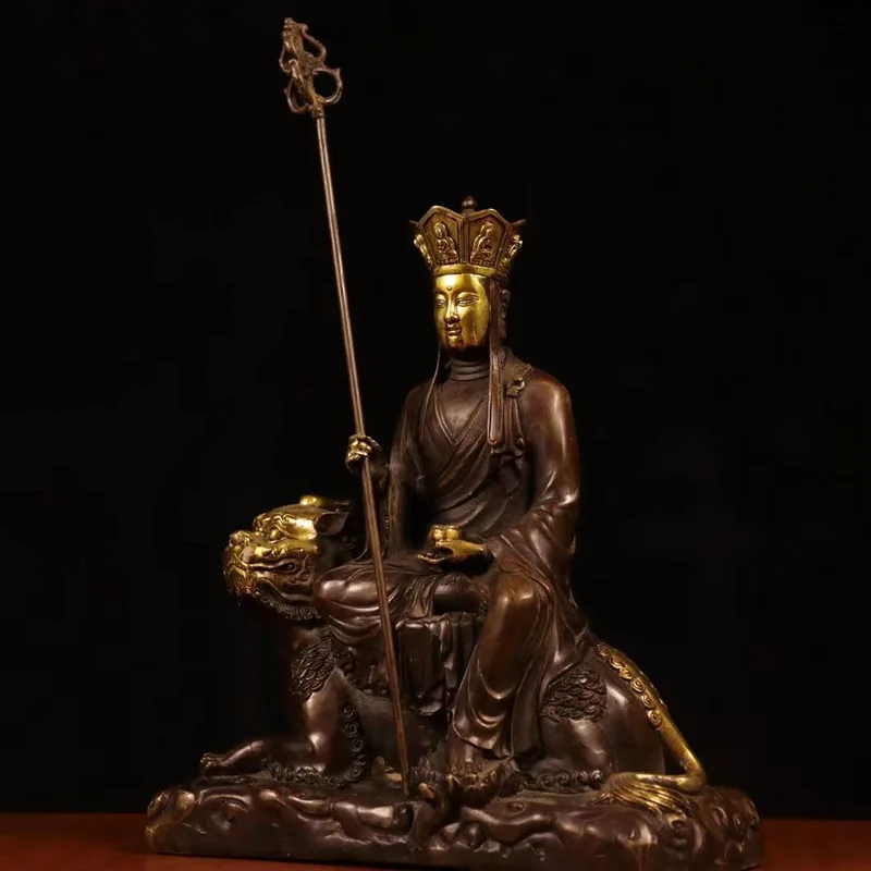 High-quality brass statue of the Ksitigarbha Bodhisattva, gilded red copper statue of the Bodhisattva riding a beast, living roo