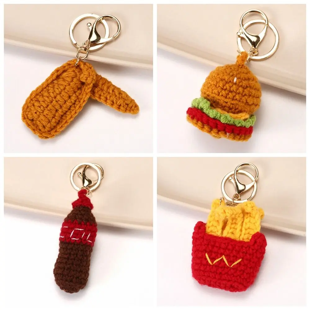 French Fries Crochet Hamburger Handmaking Pizza Wings Weaved Keychains Pendant Woolly Knitting Key Ring Women Girl