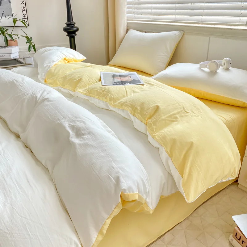 

2025 new class A pure cotton four-piece set small fresh solid color super soft washed cotton mattress bed sheet quilt cover