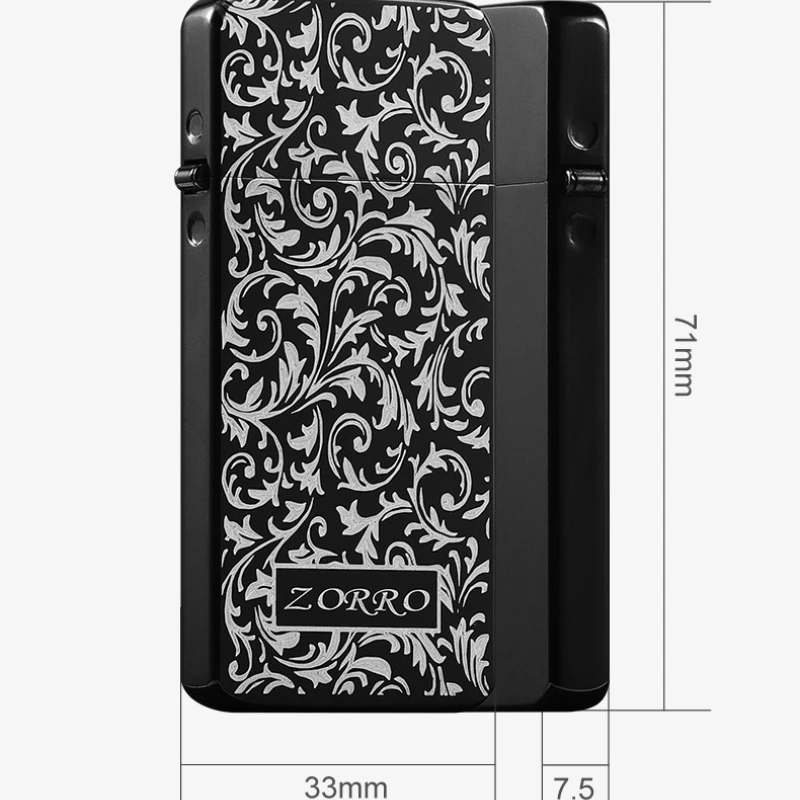 ZORRO-Ultra-thin Brass Kerosenei Lighter for Boys and Girls, Ultra-thin, Black Ice, Creative Personality, Portable Lighter