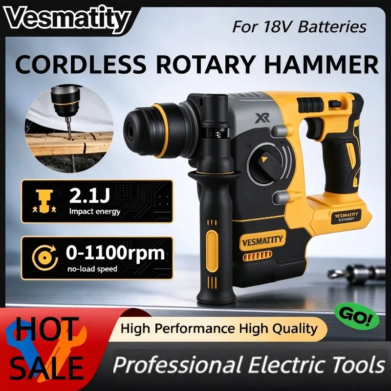 Rotary Hammer 2.1J Impact Energy 360° Handle Brushless Cordless for Concrete Brick Stone Drilling with 6.0Ah Battery