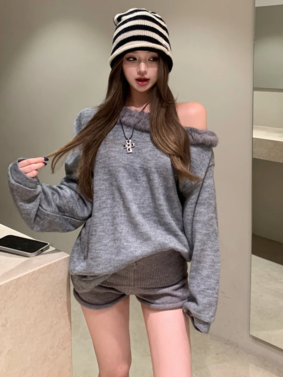 Slimming Plush Knitwear One-Shoulder Wide-Leg Straight-Track Shorts Set Soft Lazy Style Casual Wear for Women in Autumn And S...