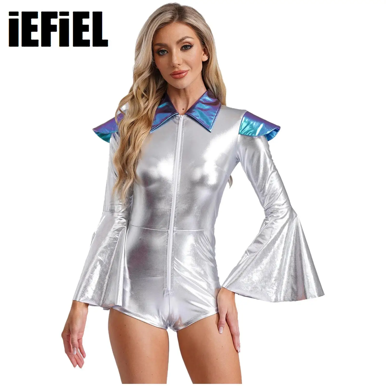 

Women Alien Cosplay Carnival Bodysuit Metallic Long Flared Sleeve Lapel Cap Shoulder Front Zipper Jumpsuit Leotard