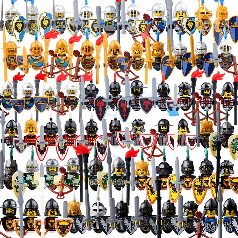 

MOC Medieval Knight Castle Golden Blue Lion Green Dragon Figure Building Block Soldier Spear Sword Shield Army Accessories Toy