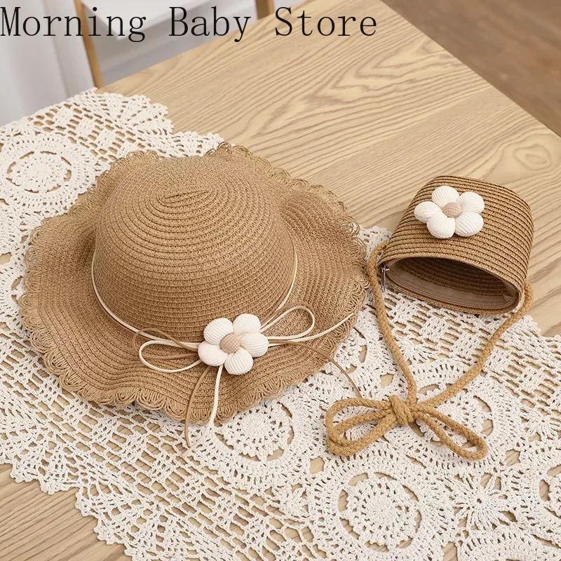 Fashion Flower Kids Girls Summer Caps Children Sunscreen Sun Hat Straw Hat Bag for Beach Baby Accessories for 2-8 Years Kids