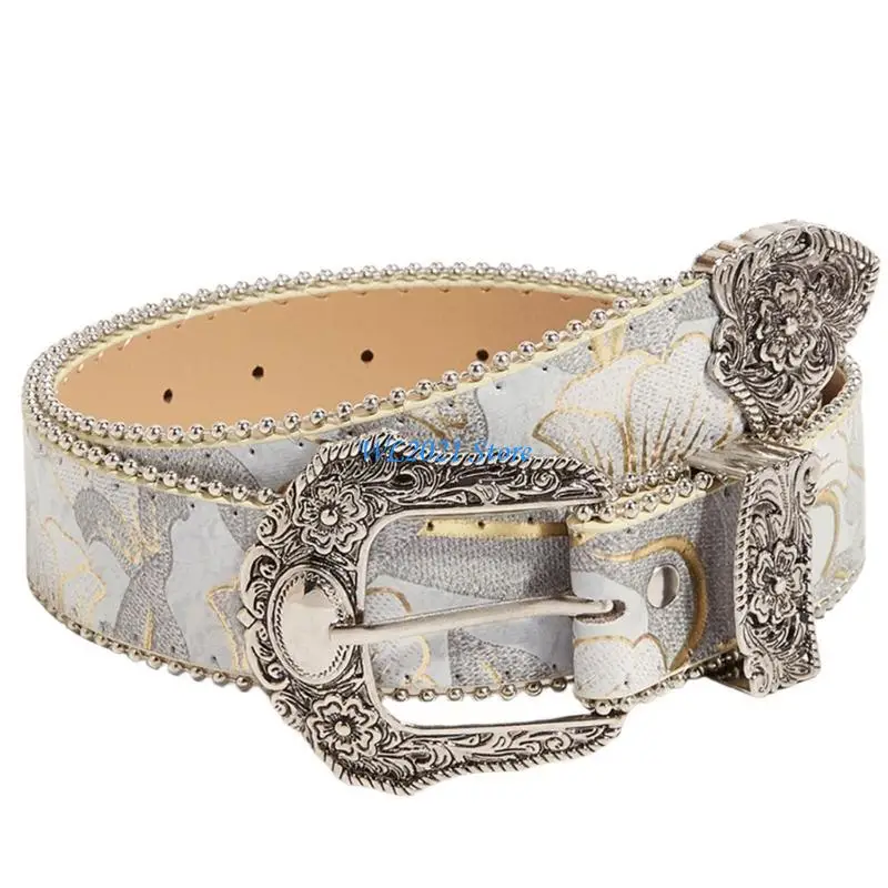 

G5GC Flower Pattern Belt Carved Buckle Belt All Matching Waistband Women Waist Decors