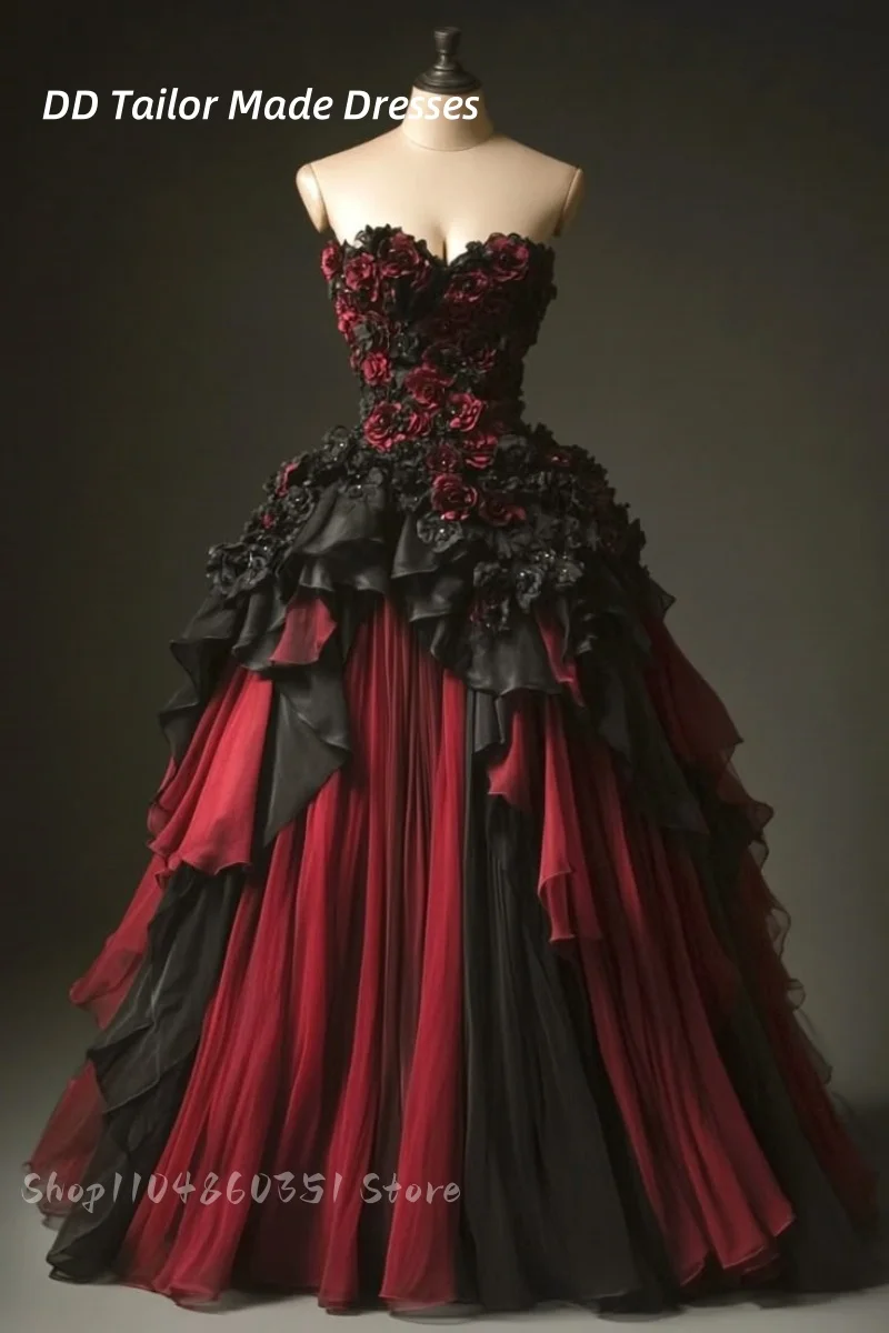 

Black And Burgundy Gothic Wedding Dresses Rose Flowers Ruffle Multi Bridal Gown Vintage Vampire Halloween Wear Customized