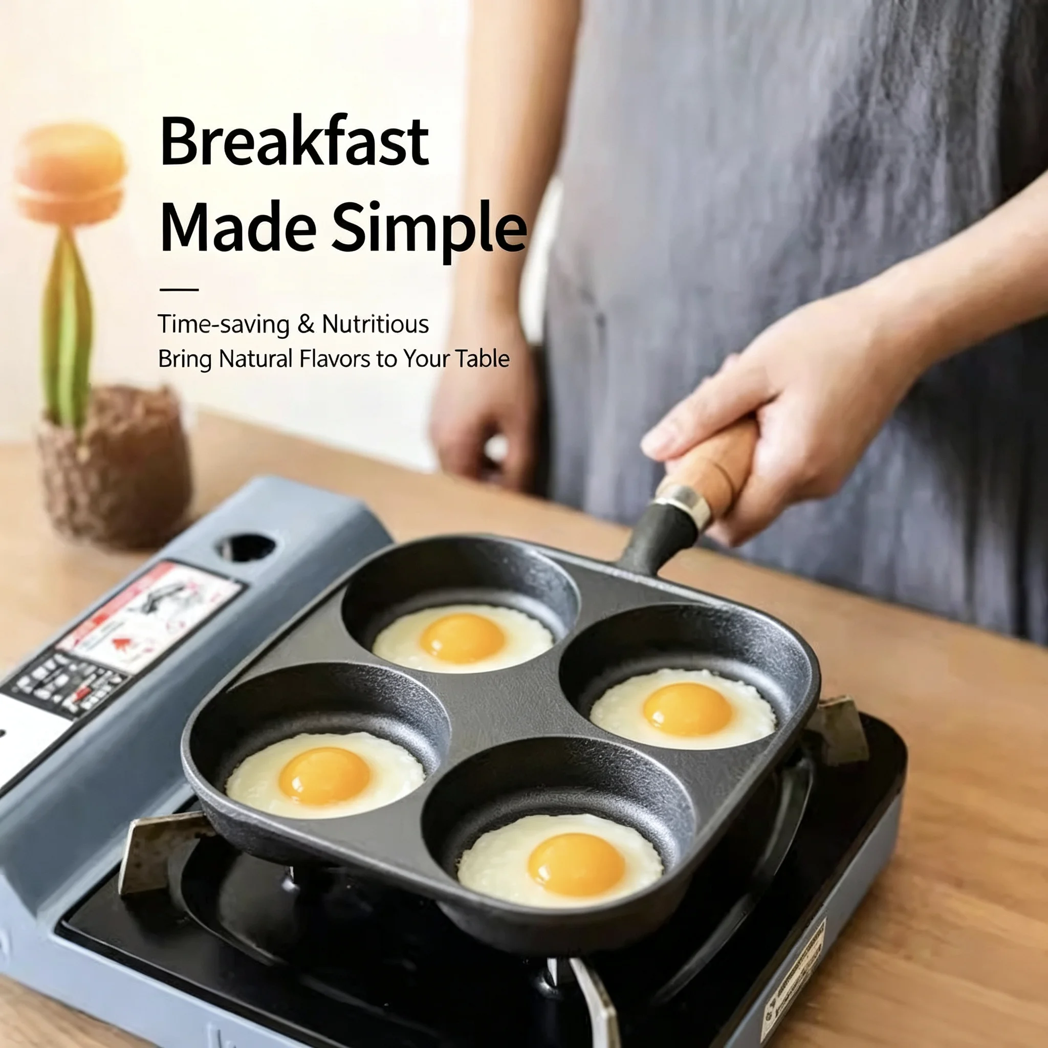 Cast Iron 4-Cavity Egg Frying Pan – Healthy Non-Stick, No Coating, for Egg Burgers/Sandwiches, Gas & Induction Stove