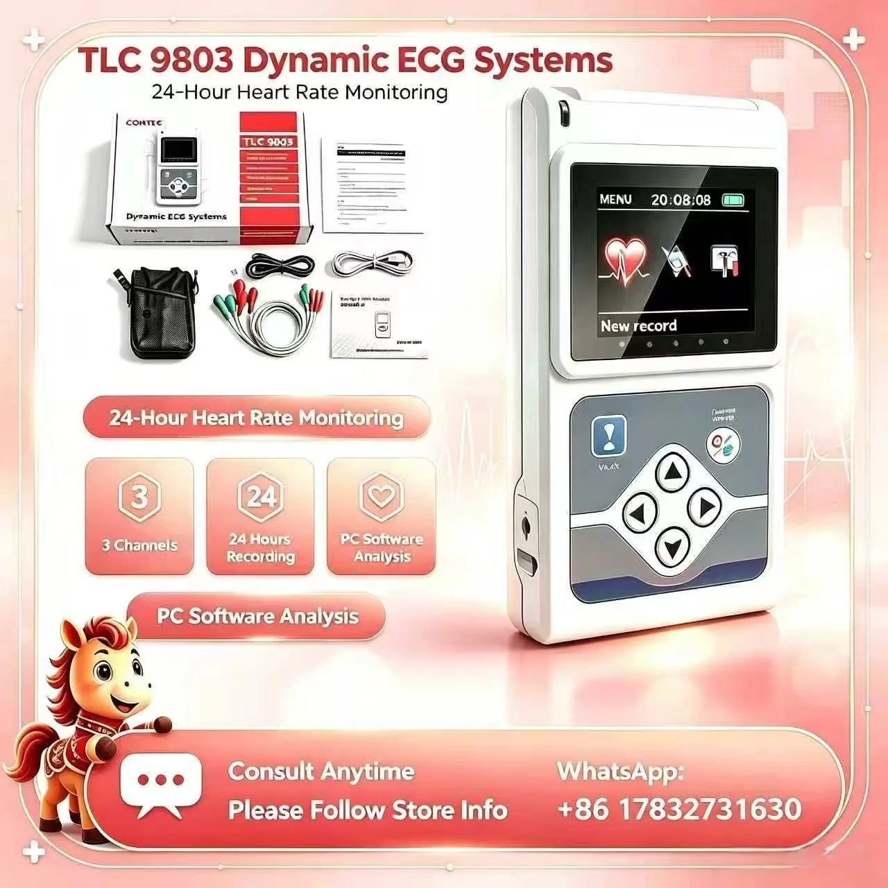 Genuine CONTEC 9803 3 Channels ECG Holter, EKG Holter, Dynamic ECG Monitor System, 24 hours ECG Recorder TLC9803
