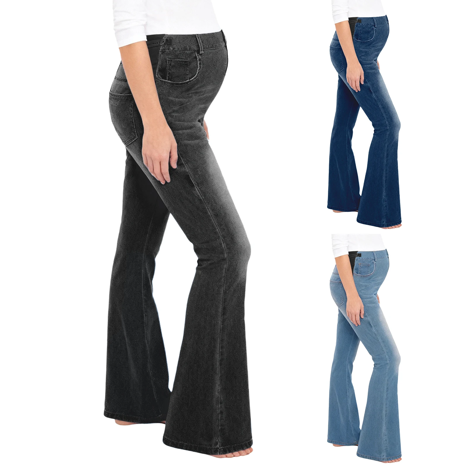 جينز نسائي للأمهات كاجوال متوسط الخصر مرن قابل للتعديل بخصر جانبي قابل للتمدد سروال جرس من قماش الدنيم مع جيوب