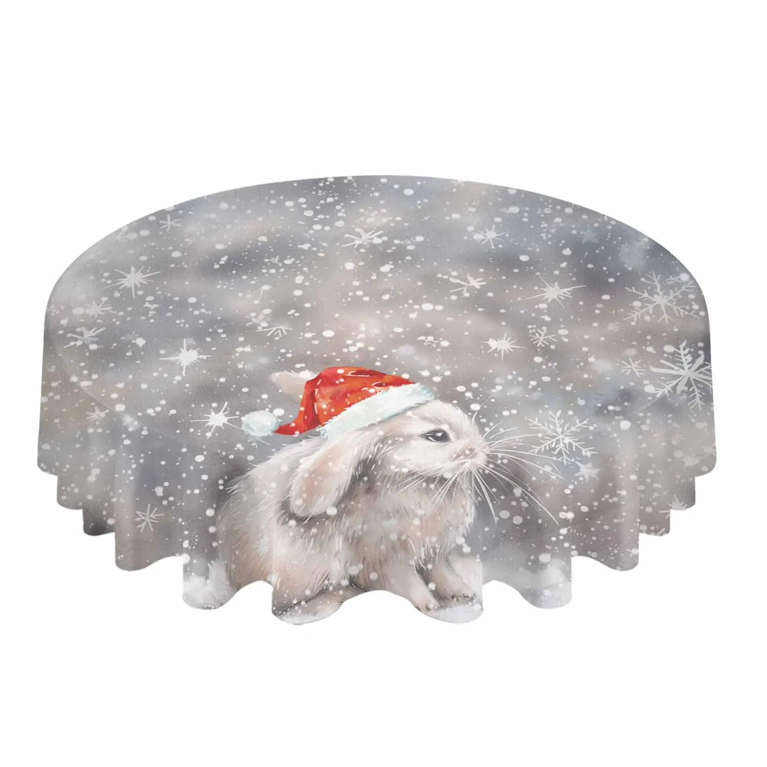 Christmas Winter Snowy Rabbit Waterproof Tablecloth Table Decoration Wedding Home Kitchen Dining Room Round Table