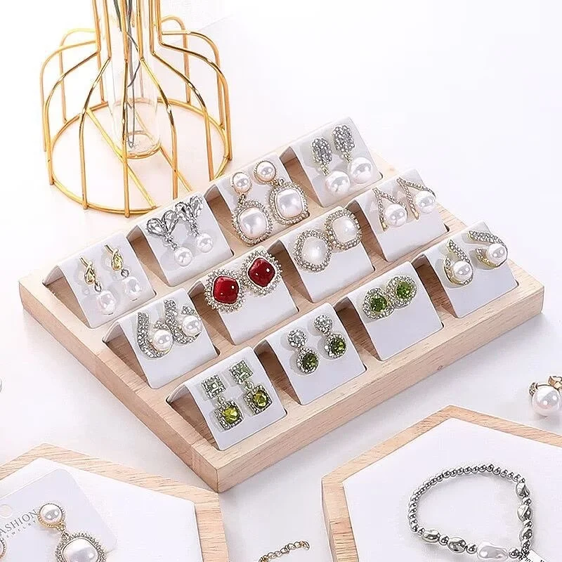 Earrings Display Stand Velvet/Pu Jewelry Display Tray with Bamboo Base for Jewelry Earrings Bracelet Necklace Show