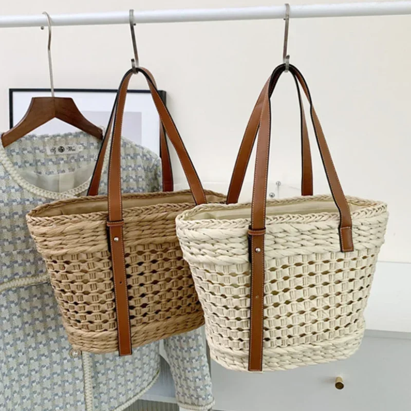 Summer Handwoven Straw Beach Women Tote Bags 2024 Vintage Hollow Out Basket Rattan Handbag Vacation Shoulder Bag New Beach Bag