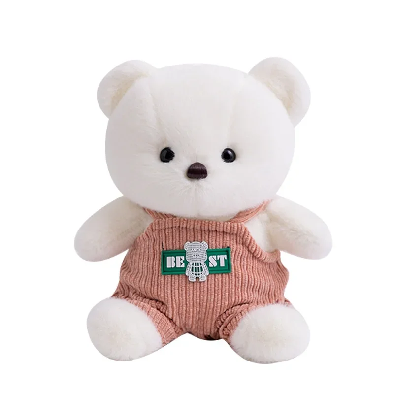 High quality plush teddy bear toy wearing suspenders white and brown rabbit fur teddy bear plush filled dolls for kids