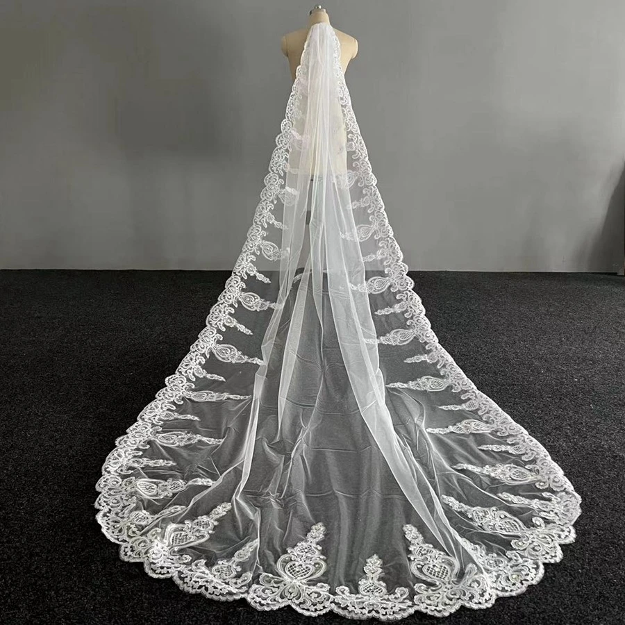 New Arrival White Ivory Cathedral Wedding Veils for Bride Lace Beaded bridal hair accessories Voile mariage Sexy Bridal veils