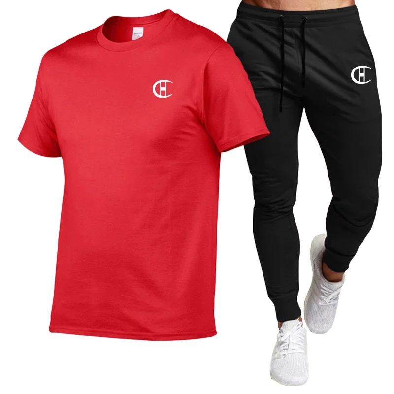 2025Summer Clothing Fashion comfort men's suit 100% cotton T-shirt short-sleeved top + black casual sweatpants two-piece set