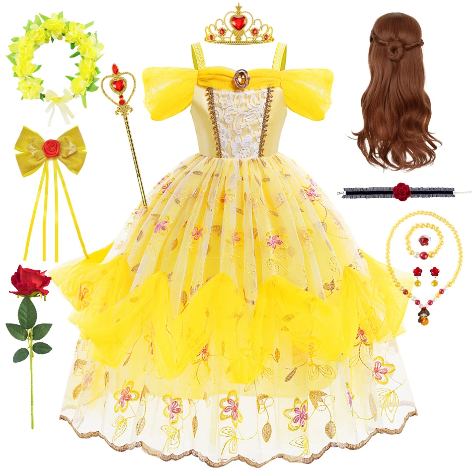 

Princess Cosplay Belle Dress Girls Kid Beauty Beast Party Clothing Halloween Birthday Crown Glove Children 2-10