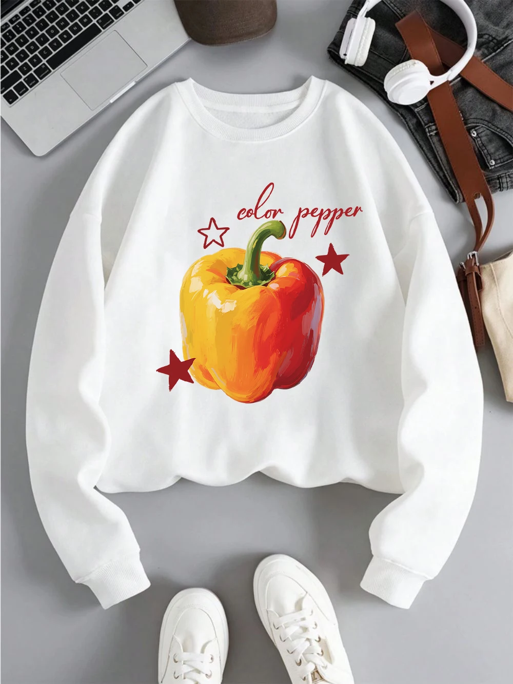 신선한 컬러 페퍼 프린팅 탑 여성 루즈 오버사이즈 옷 O넥 편안한 스웨트셔츠 가을 겨울 이너웨어
