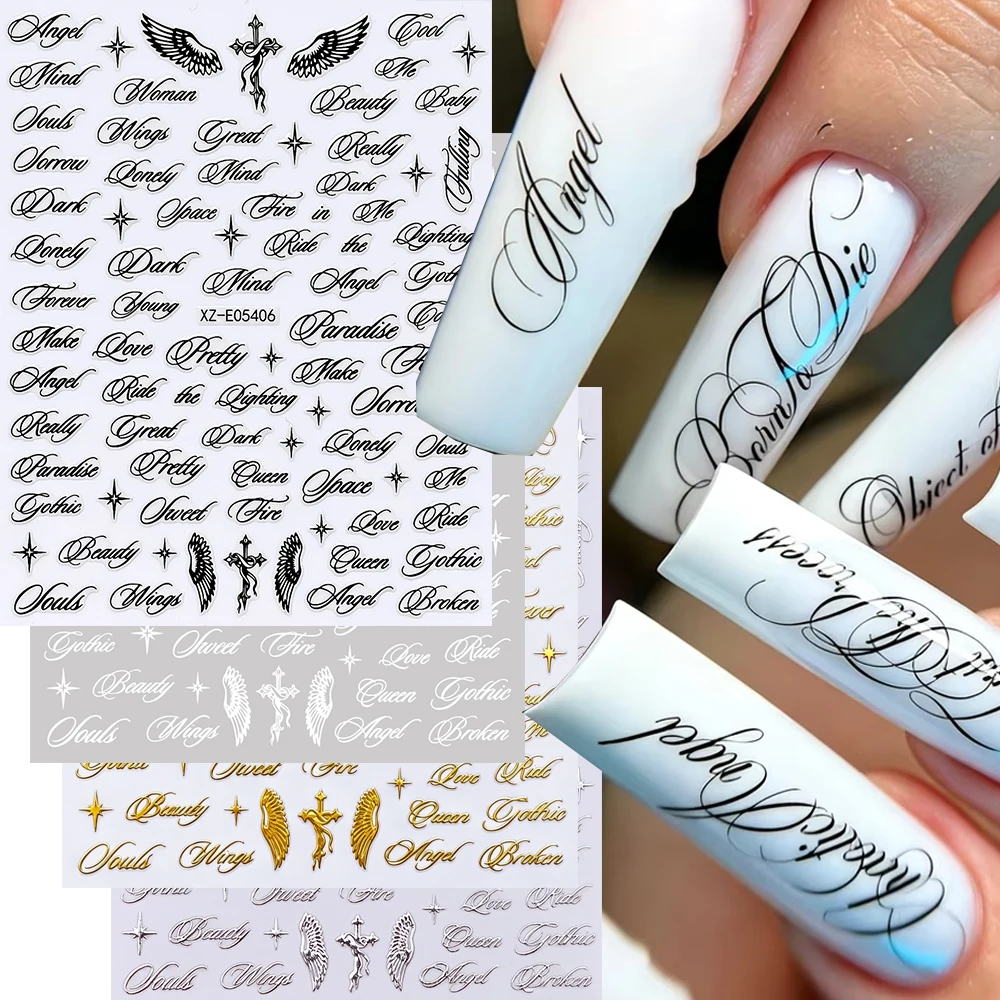4 Stück Vintage-Schrift-Englisch-Nagelaufkleber 3D Gothic Schwarz Gold Silber Kursiv Altenglisch Flügel Kreuz Stern Nagelsticker Y2K Nageldekor