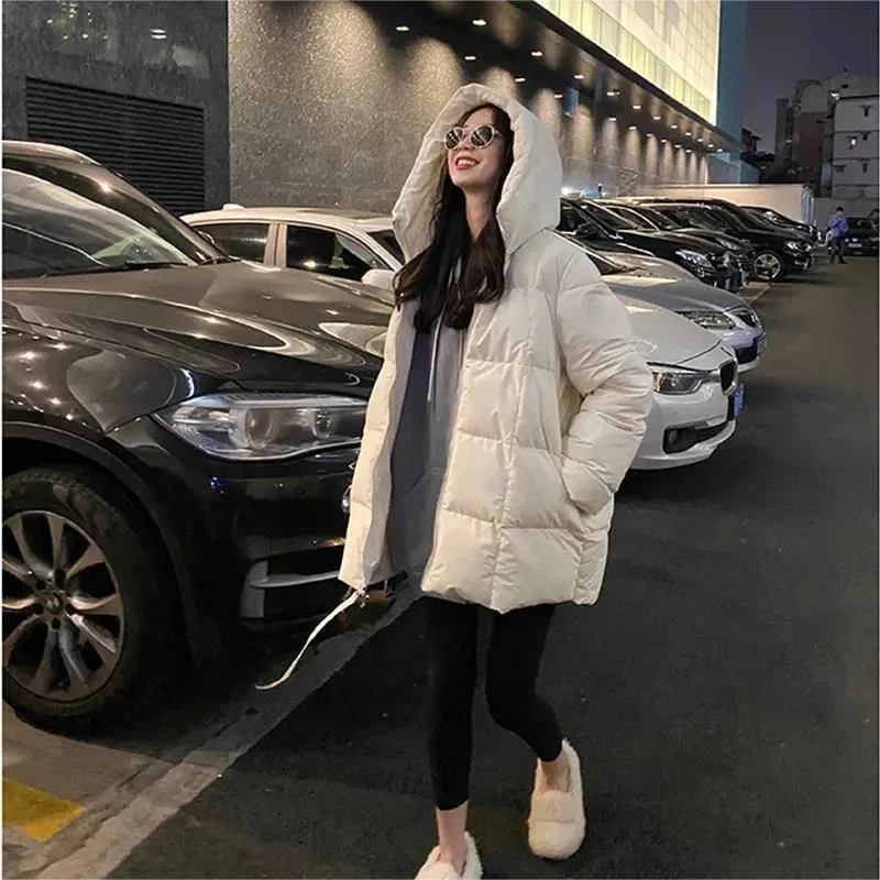 

Winter New Style Puffer down cotton Women White Zipper Long down cotton Woman Korean Loose Hooded Bubble Coats Female